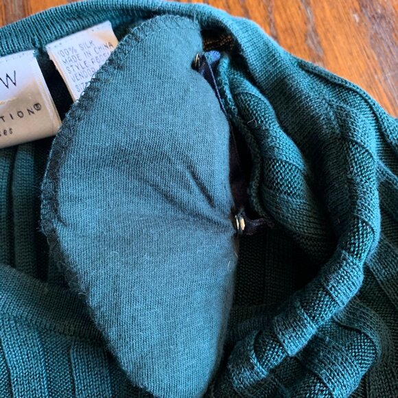 VTG Dk Green Teal Ribbed Knit Silk Pull Over Sweater Top Petite L Dark Academia - Picture 4 of 5